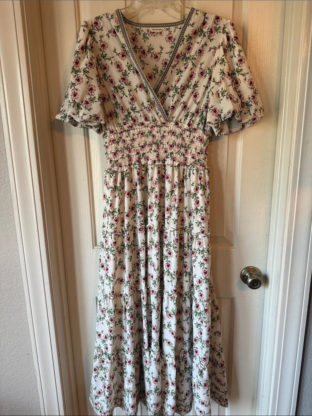 Max Studio White Maxi Dress with Pink Floral Print